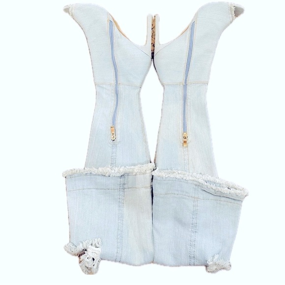 👢💙 SECRET Blue Stretch Denim Thigh-High Boots | Size 8 Peep Toe‎ Stiletto Heel - Picture 4 of 6